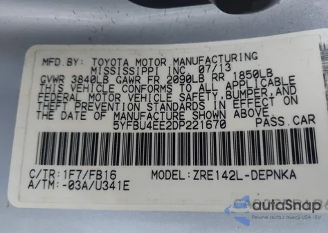 2013 Toyota Corolla Le из США, поврежденный, VIN 5YFBU4EE2DP221670